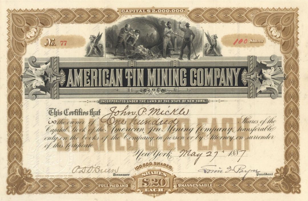American Tin Mining Co. - Stock Certificate