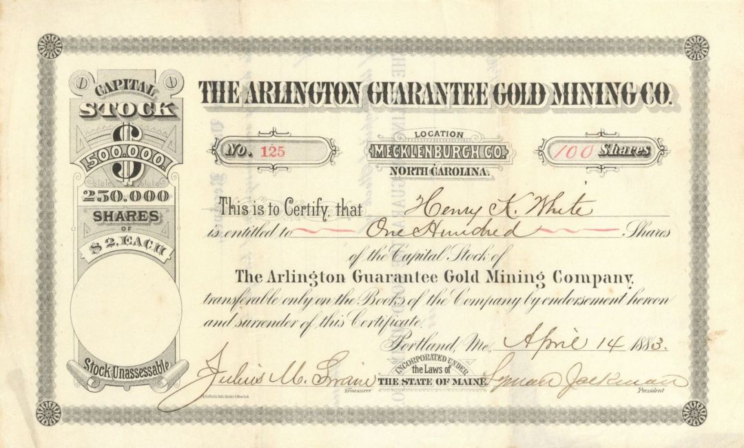 Arlington Guarantee Gold Mining Co. - 1883 dated North Carolina Mining Stock Certificate - Mines located in Mecklenburgh County, North Carolina