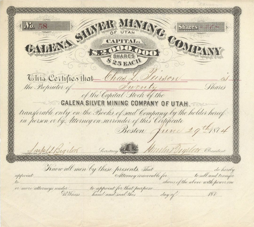 Galena Silver Mining Co. of Utah - 1874 dated Mining Stock Certificate