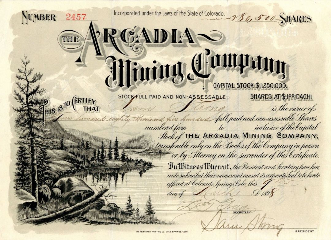 Arcadia Mining Co. - 280,500 Shares! - Colorado Stock Certificate
