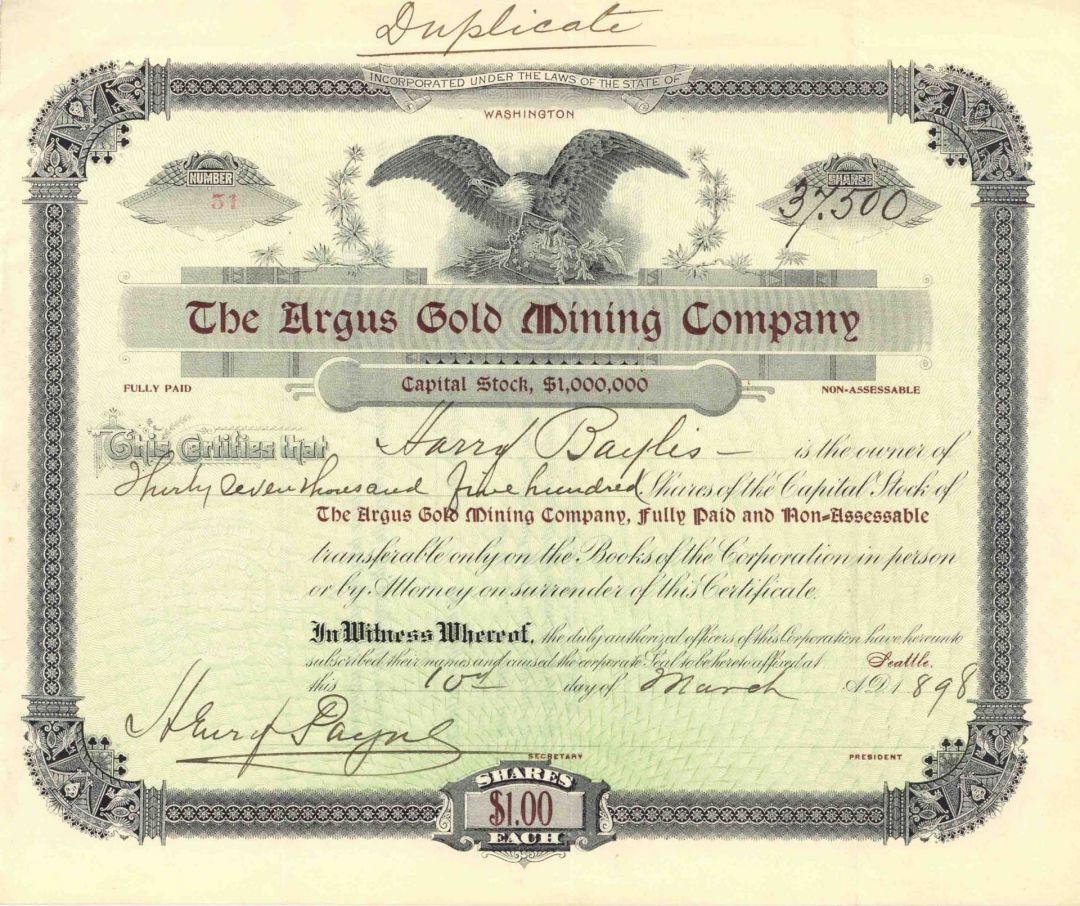 Argus Gold Mining Co. - Washington State Mining Stock Certificate - Partially Issued