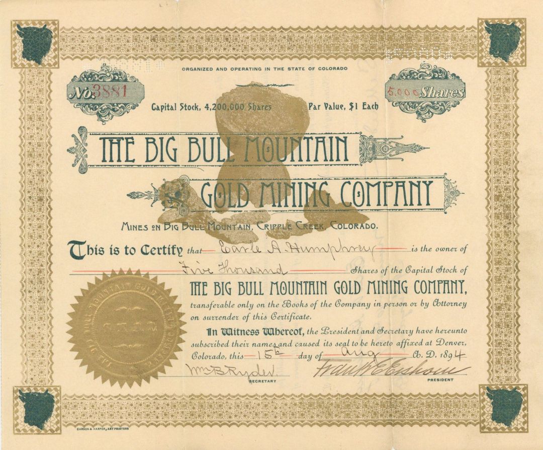 Big Bull Mountain Gold Mining Co. - Colorado Mining Stock Certificate