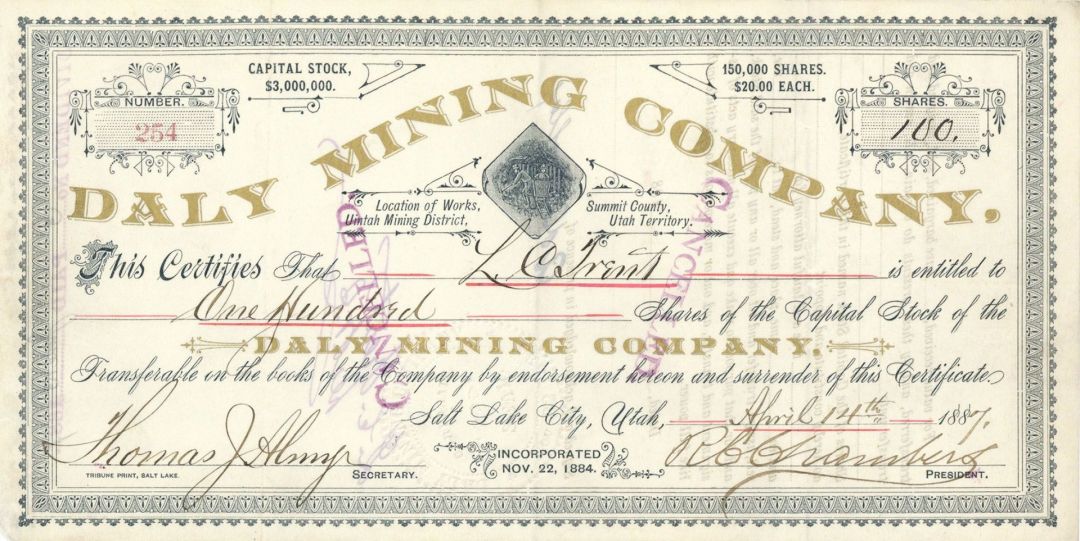 Daly Mining Co. - Stock Certificate