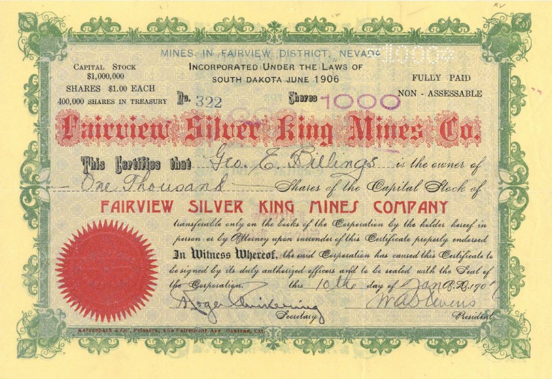 Fairview Silver King Mines Co. - Stock Certificate
