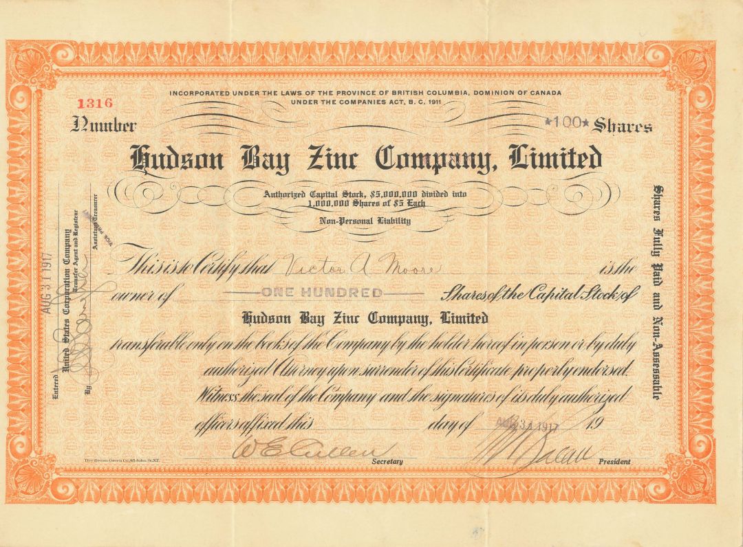Hudson Bay Zinc Co., Limited - Canadian Mining Stock Certificate