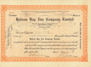 Hudson Bay Zinc Co., Limited - Canadian Mining Stock Certificate