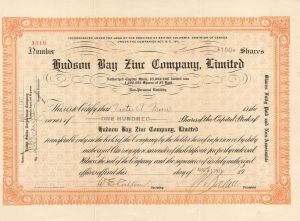 Hudson Bay Zinc Co., Limited - Canadian Mining Stock Certificate