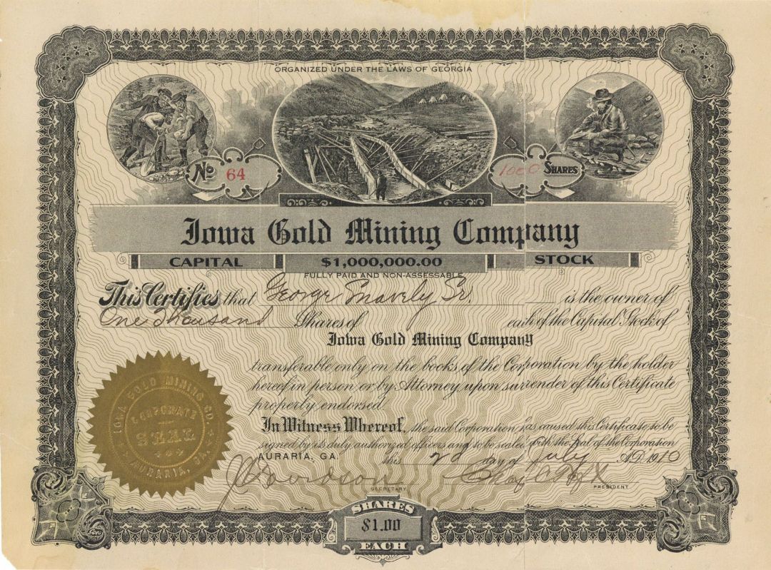 Iowa Gold Mining Co. - Georgia Mining Stock Certificate