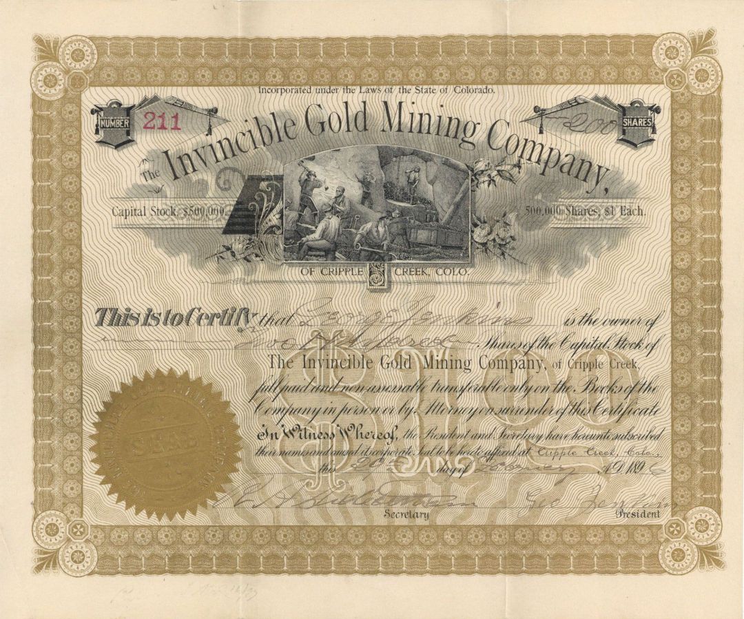 Invincible Gold Mining Co. - 1896 dated Colorado Mining Stock Certificate