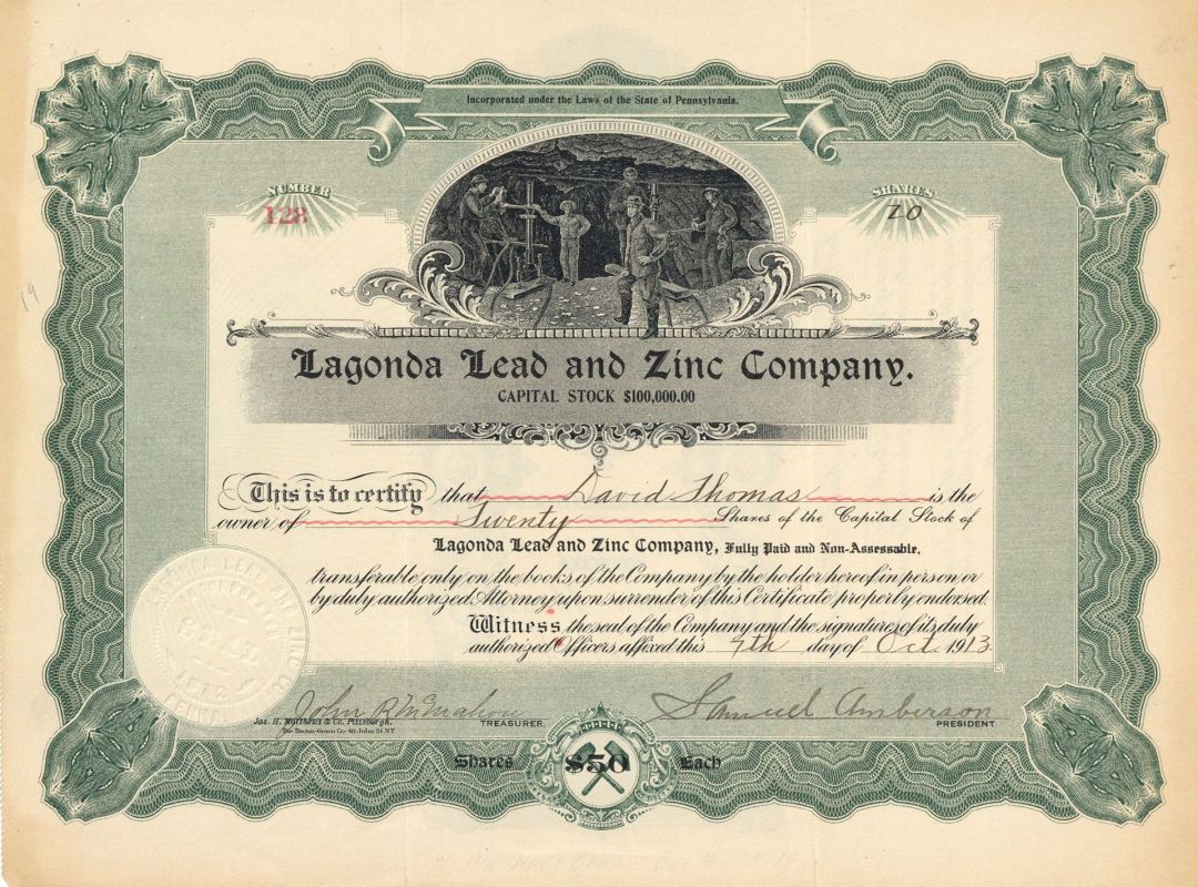 Lagonda Lead and Zinc Co. - Stock Certificate