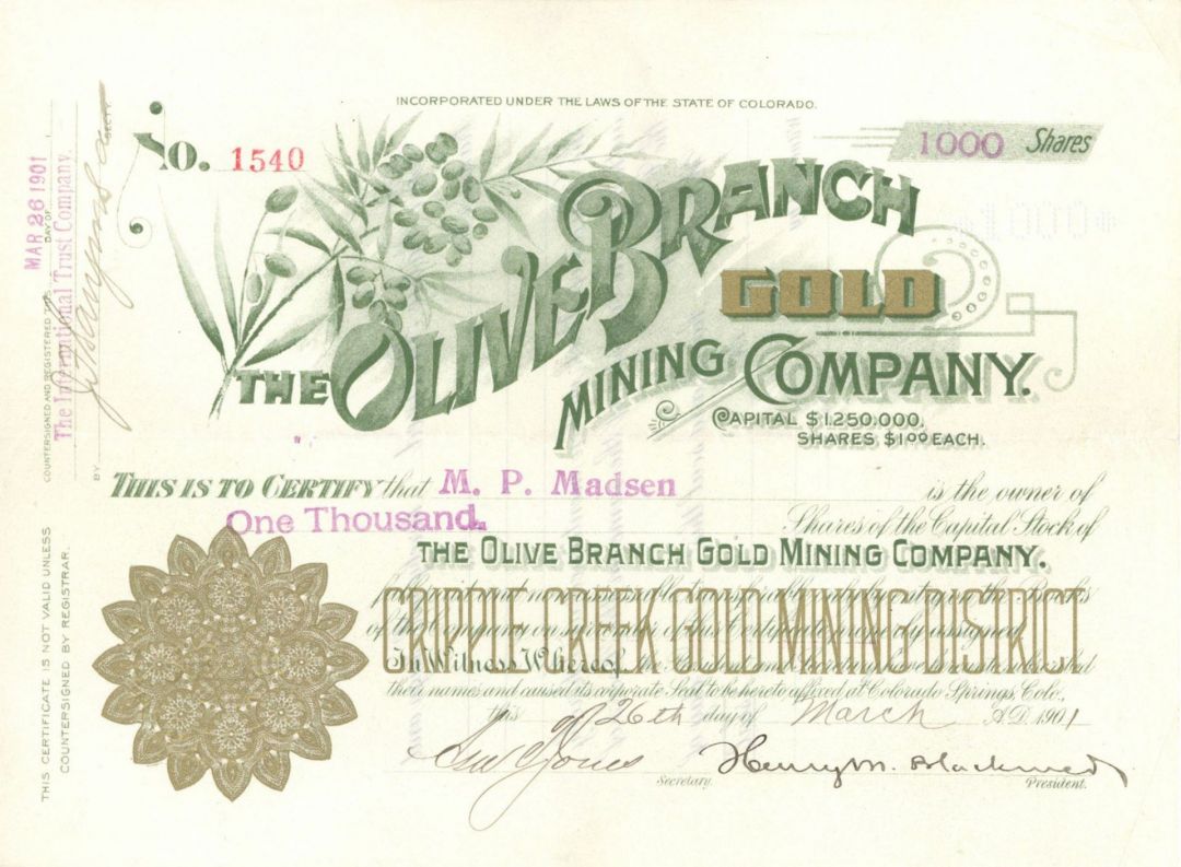 Olive Branch Gold Mining Co. - Stock Certificate