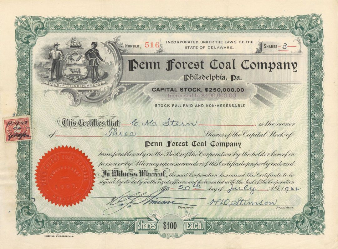 Penn Forest Coal Co. - Stock Certificate