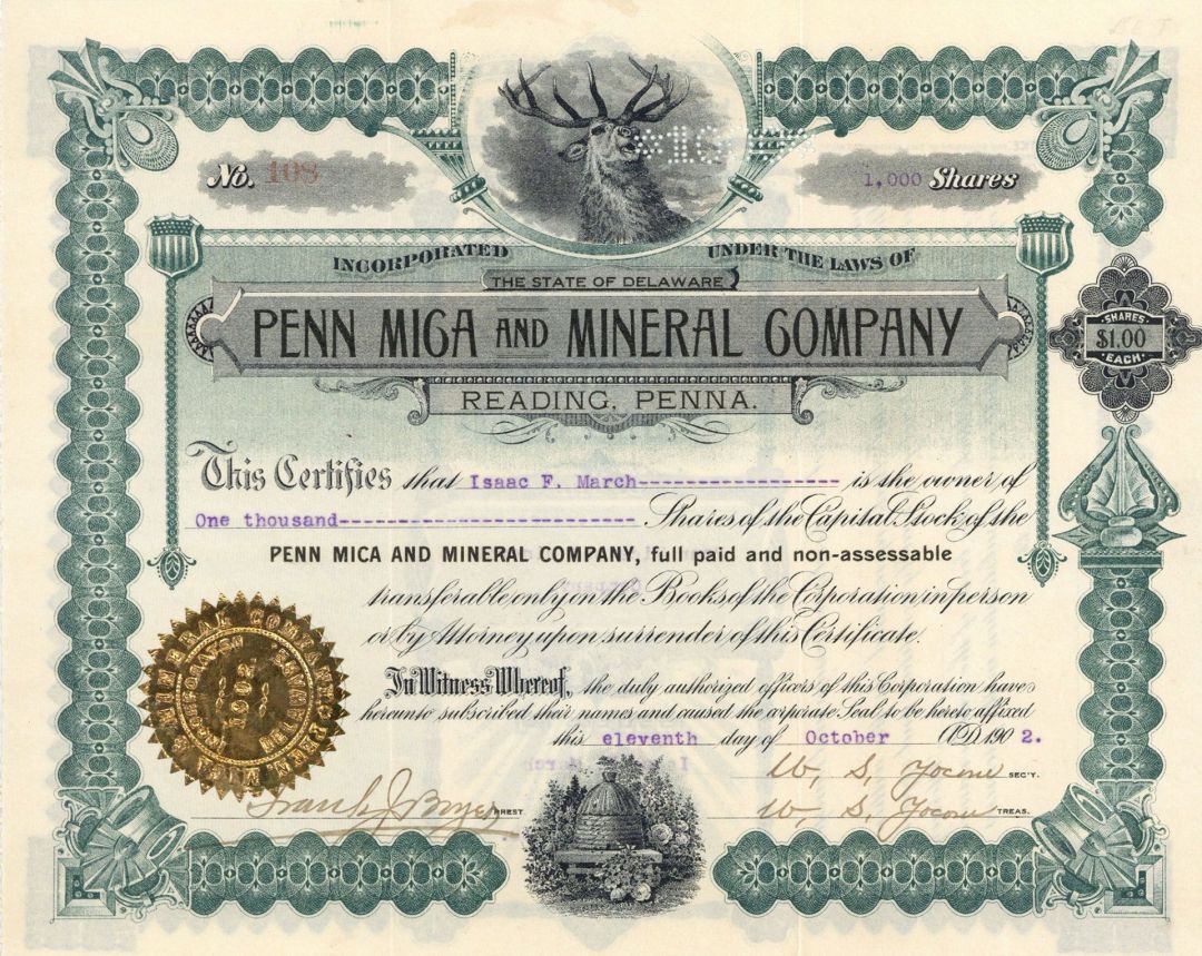 Penn Miga and Mineral Co. - Stock Certificate