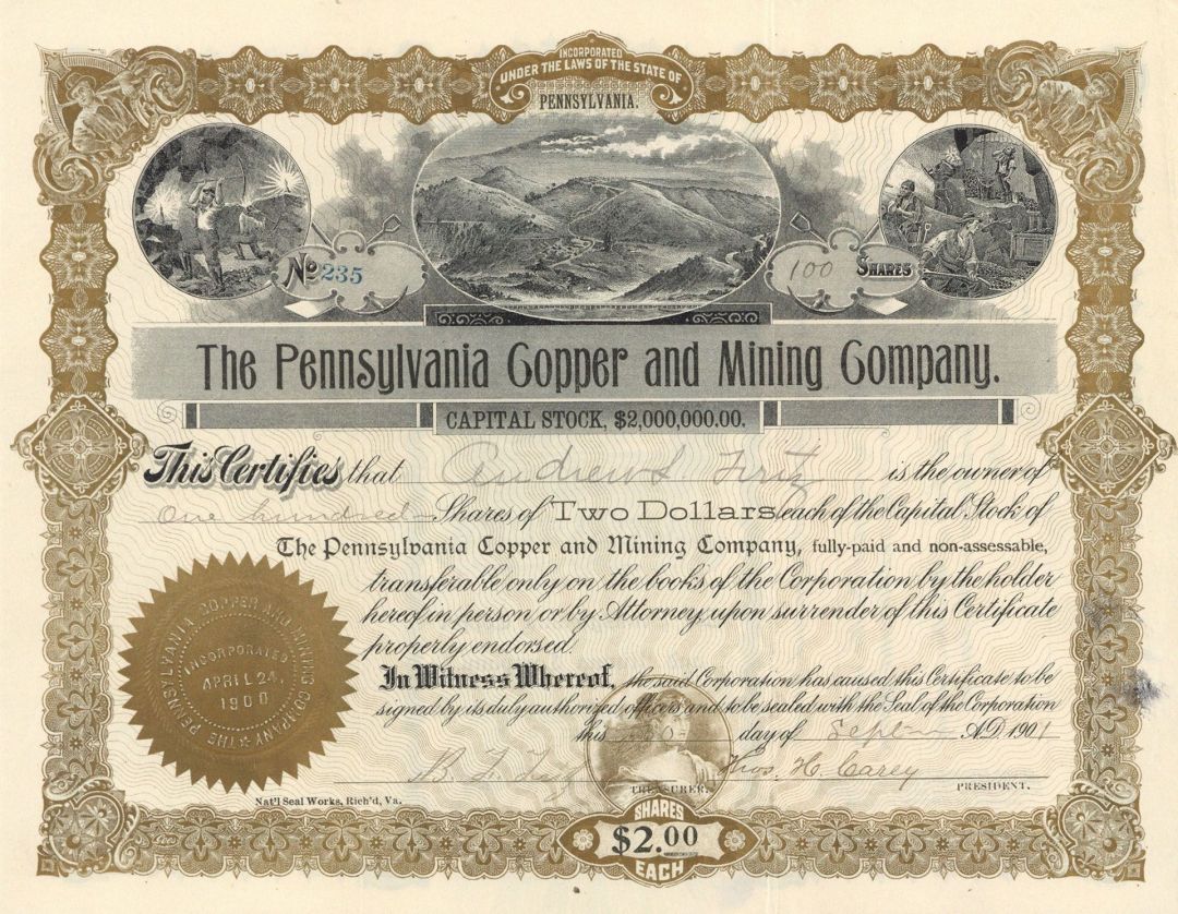 Pennsylvania Copper and Mining Co. - Stock Certificate
