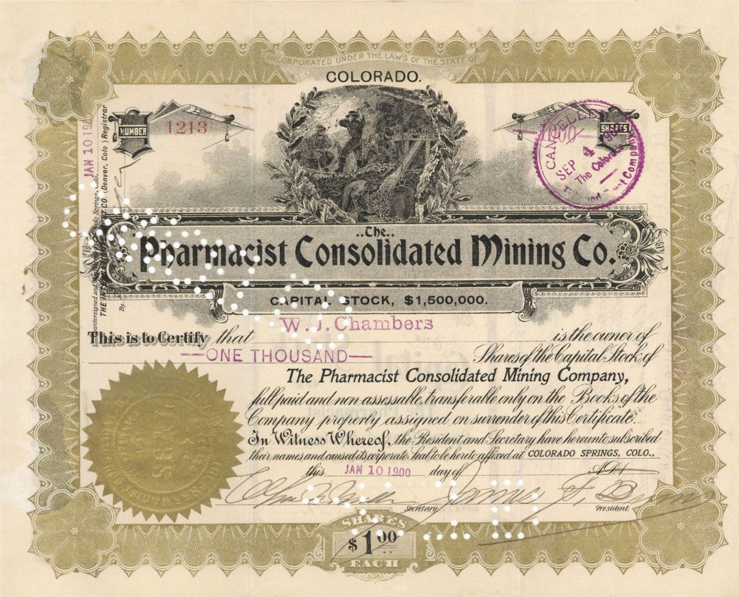 Pharmacist Consolidated Mining Co. - Stock Certificate