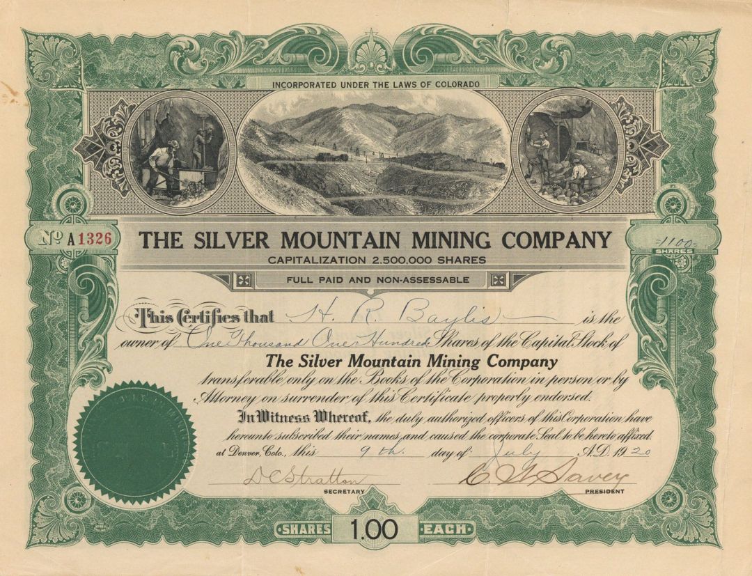 Silver Mountain Mining Co. - 1920 dated Denver, Colorado Mining Stock Certificate