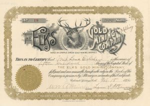 Elks Gold Mining and Milling Co. - Stock Certificate