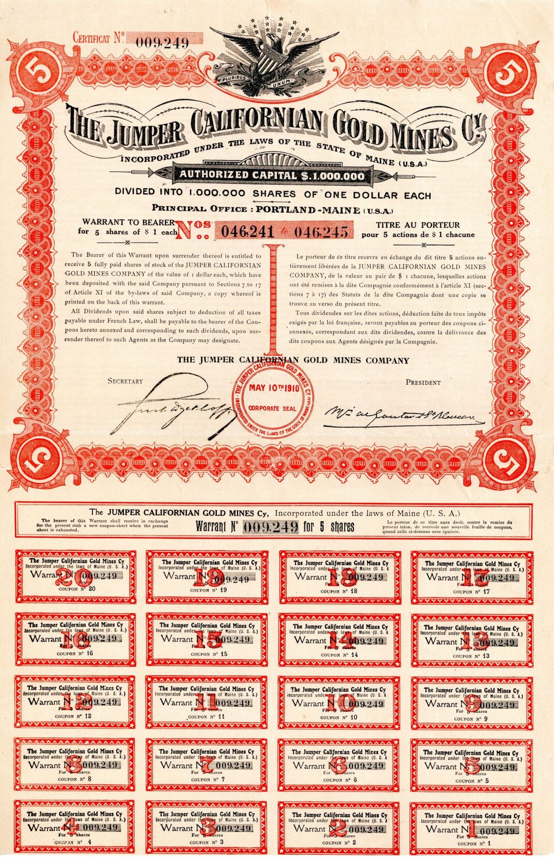 Jumper Californian Gold Mines Co. - Stock Certificate