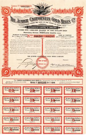 Jumper Californian Gold Mines Co. - Stock Certificate