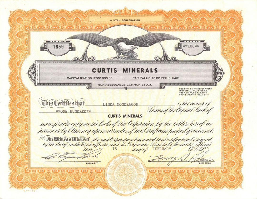 Curtis Minerals - Mining Stock Certificate