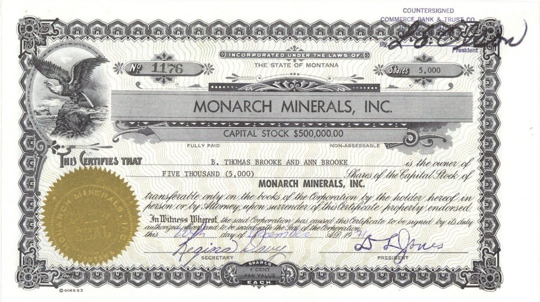 Monarch Minerals, Inc. - 1971-72 dated Helena Montana Mining Stock Certificate