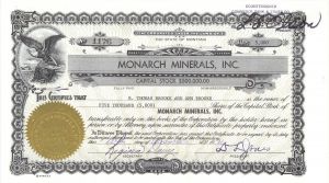 Monarch Minerals, Inc. - Mining Stock Certificate