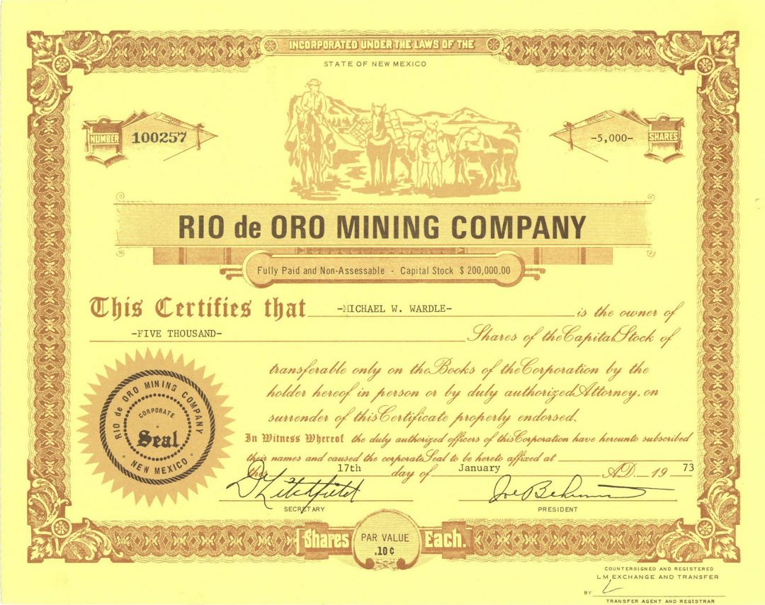 Rio de Oro Mining Co. - 1970's dated New Mexico Mining Stock Certificate - Rare Bright Yellow Color