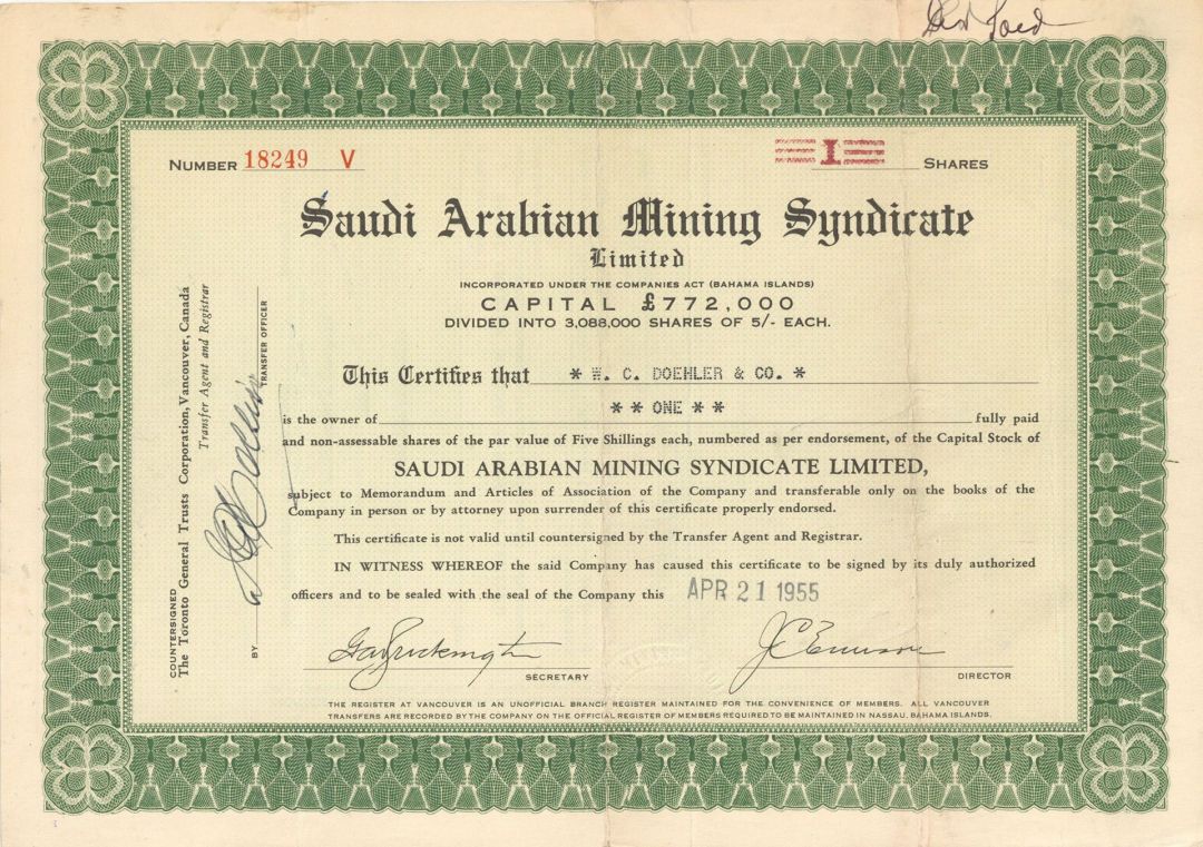 Saudi Arabian Mining Syndicate, Limited - Mining Stock Certificate