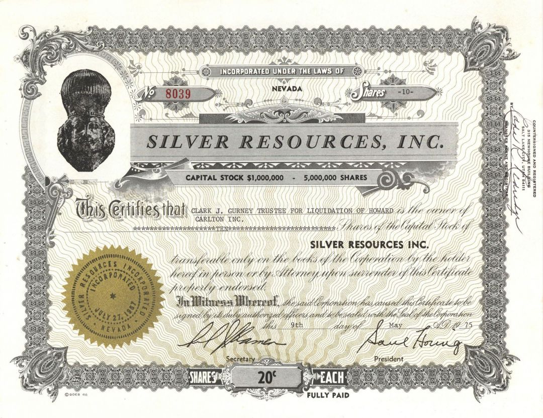 Silver Resources, Inc. - Mining Stock Certificate
