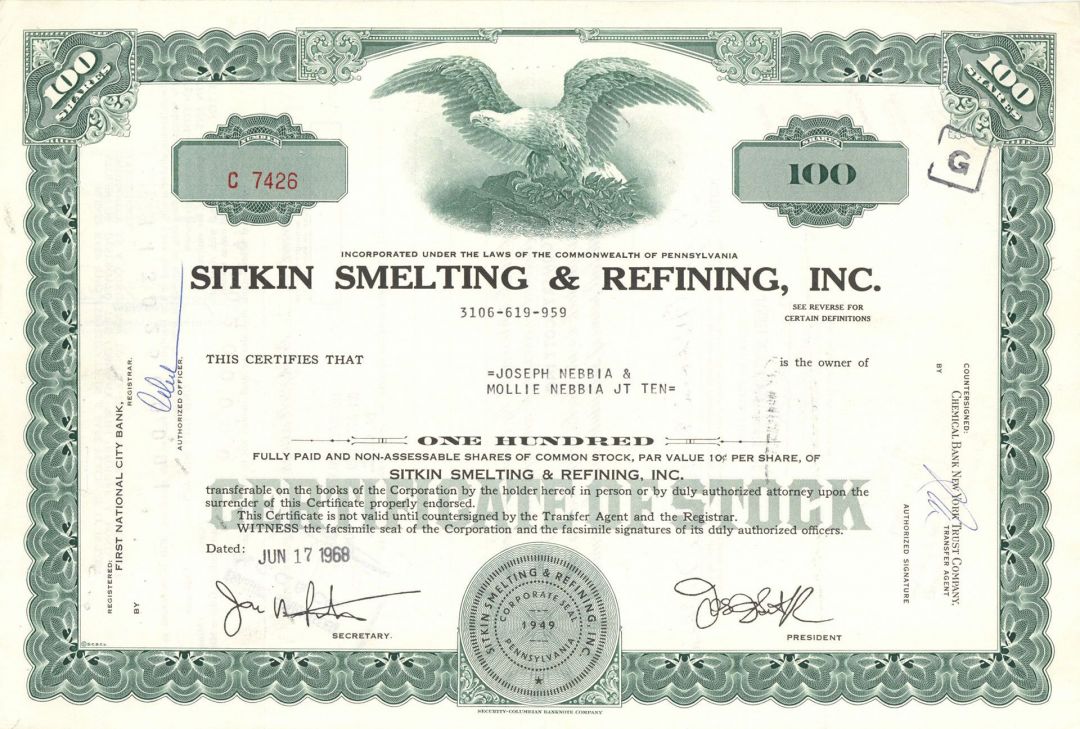 Sitkin Smelting and Refining, Inc. - 1968-1978 dated Mining Stock Certificate