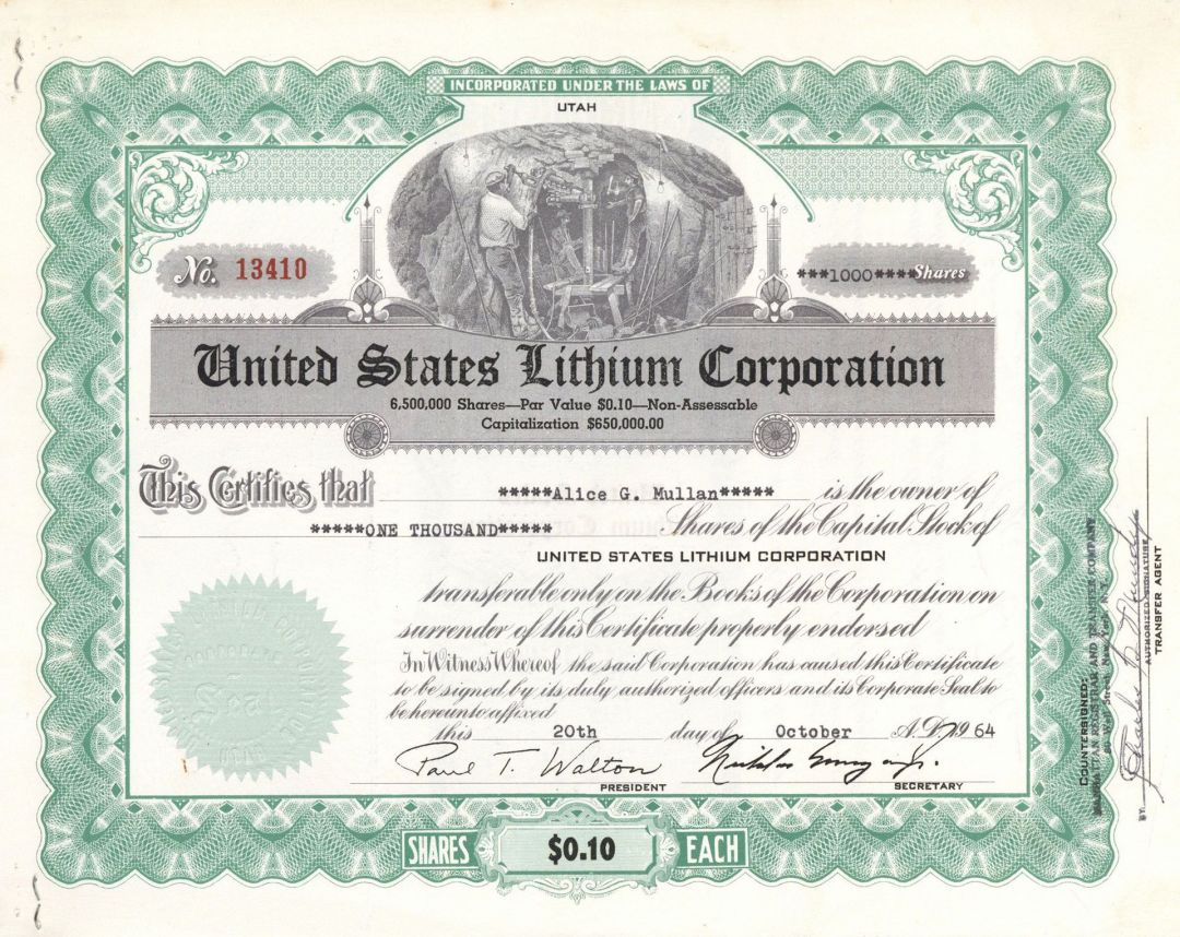 United States Lithium Corp. - Utah Mining Stock Certificate
