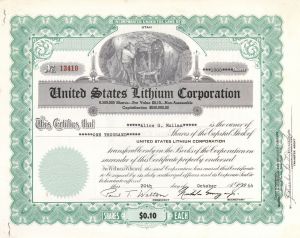 United States Lithium Corp. - Utah Mining Stock Certificate