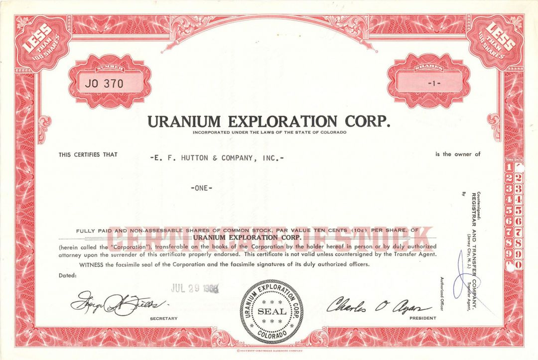 Uranium Exploration Corp. - Mining Stock Certificate