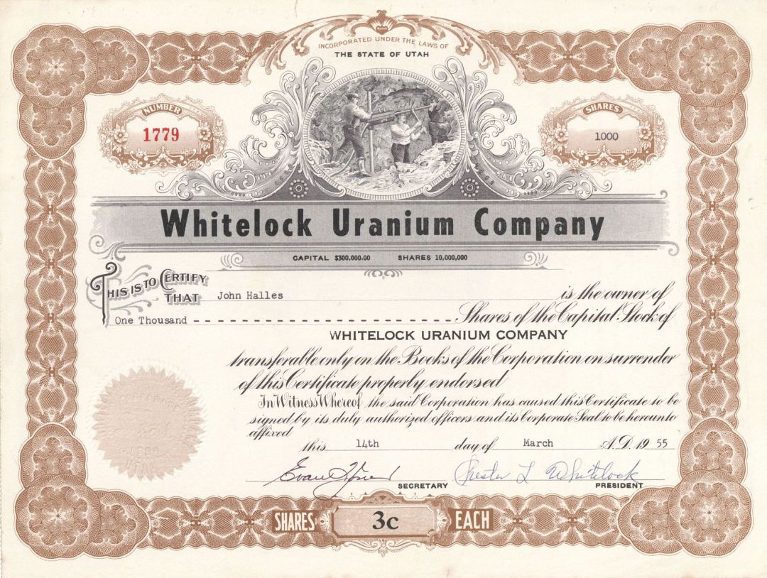 Whitelock Uranium Co. - Mining Stock Certificate