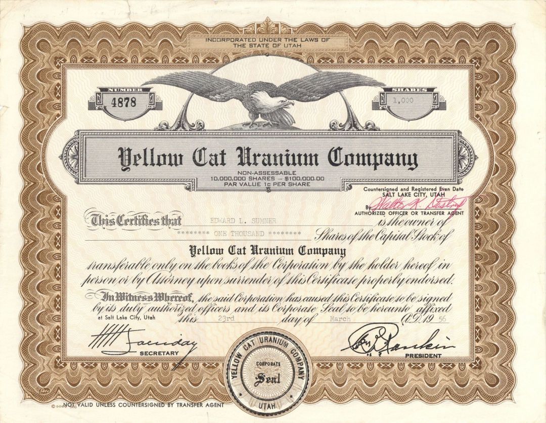 Yellow Cat Uranium Co. - Mining Stock Certificate