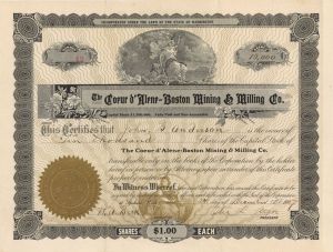 Coeur d'Alene-Boston Mining and Milling Co. - Stock Certificate