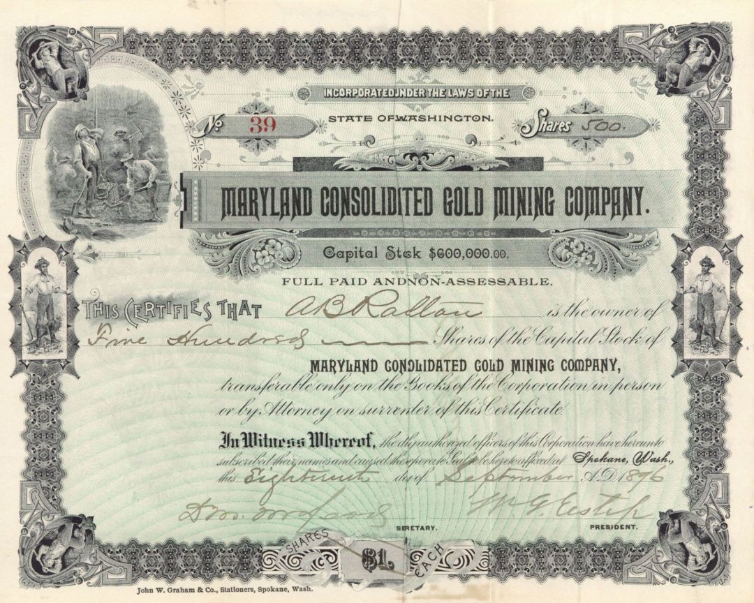 Maryland Consolidated Gold Mining Co. - Stock Certificate