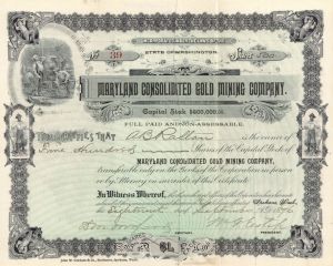 Maryland Consolidated Gold Mining Co. - Stock Certificate
