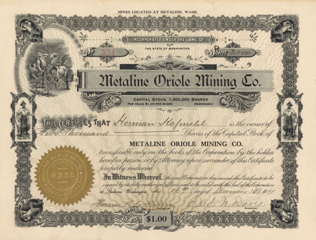 Metaline Oriole Mining Co. - Washington Mining Stock Certificate