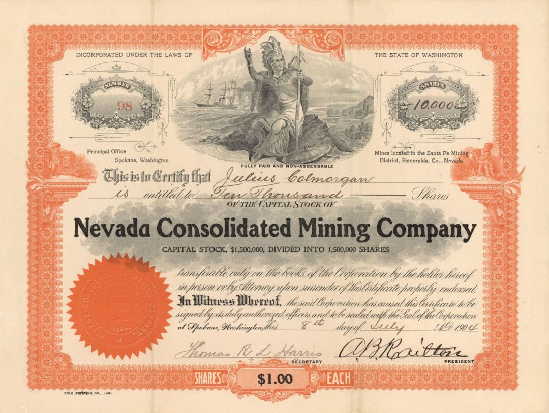 Nevada Consolidated Mining Co. - Stock Certificate