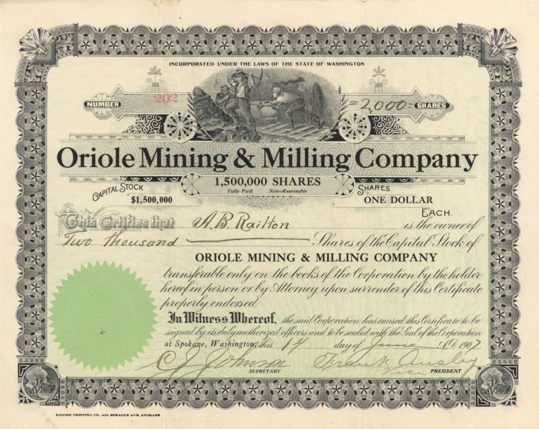 Oriole Mining and Milling Co. - Stock Certificate