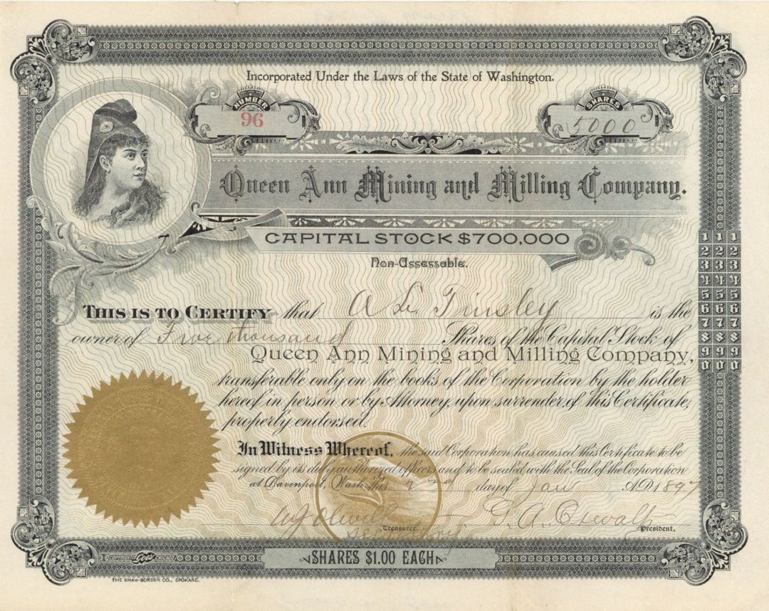 Queen Ann Mining and Milling Co. - Stock Certificate