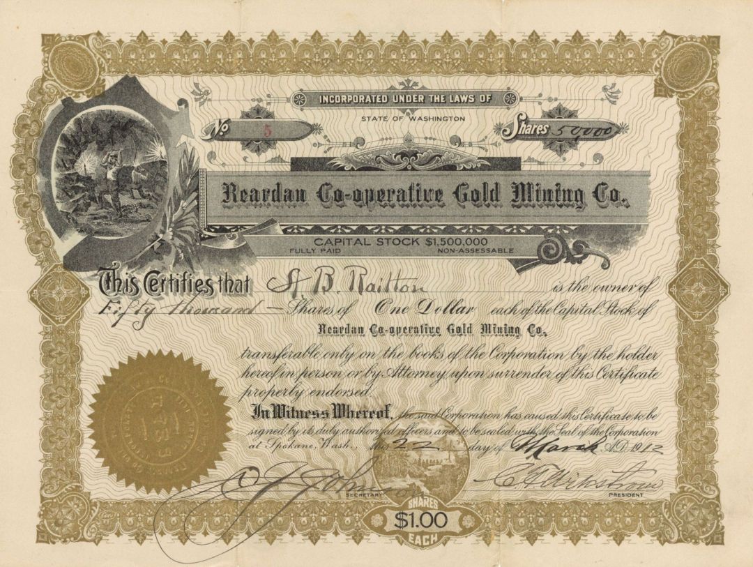 Reardon Co-operative Gold Mining Co. - Stock Certificate