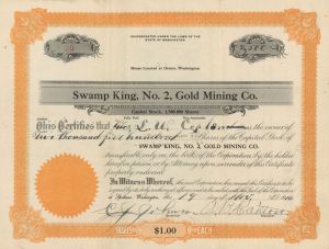 Swamp King, No. 2, Gold Mining Co. - Stock Certificate