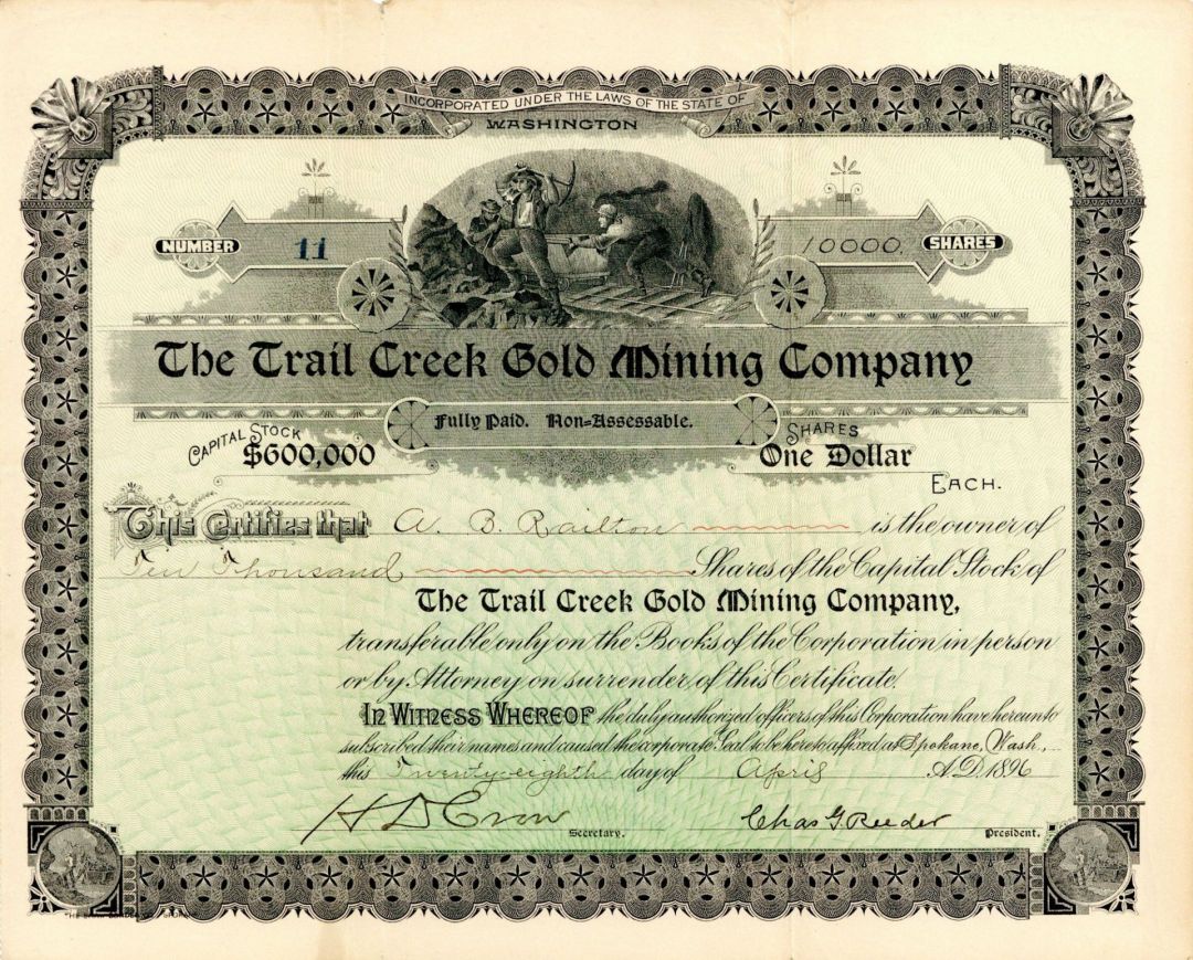 Trail Creek Gold Mining Co. - Washington Mining Stock Certificate