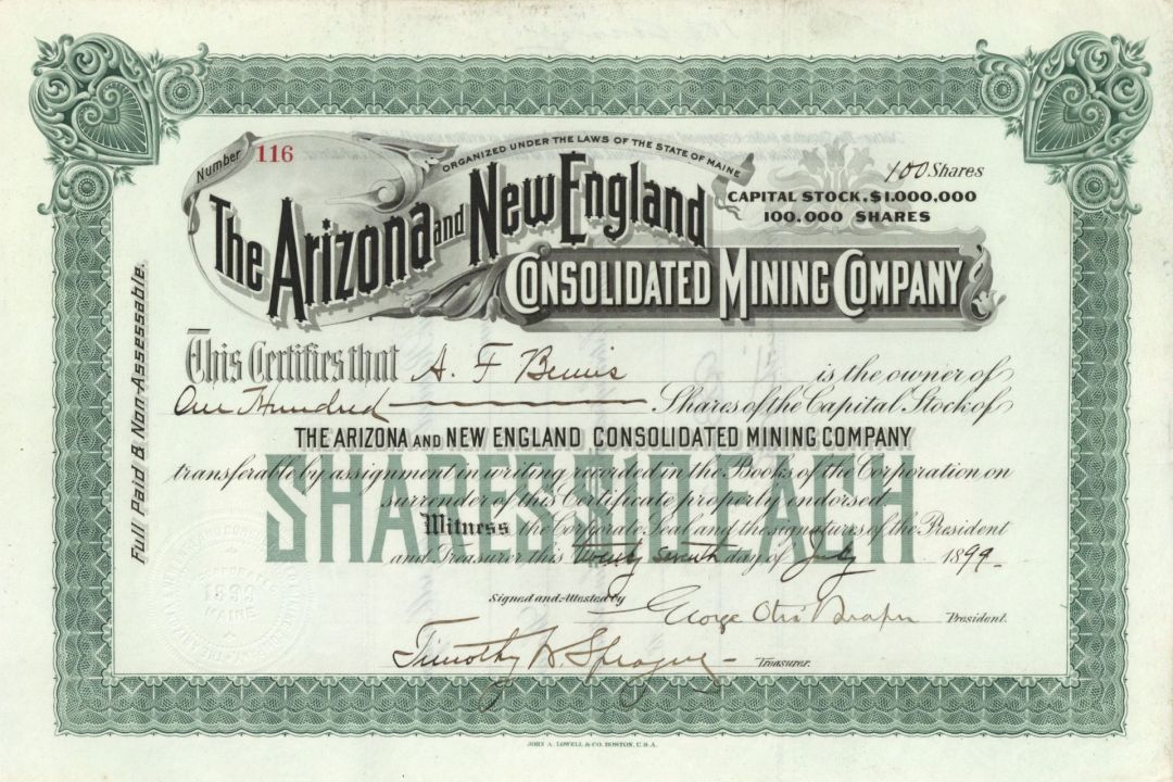 Arizona and New England Consolidated Mining Co. - Stock Certificate