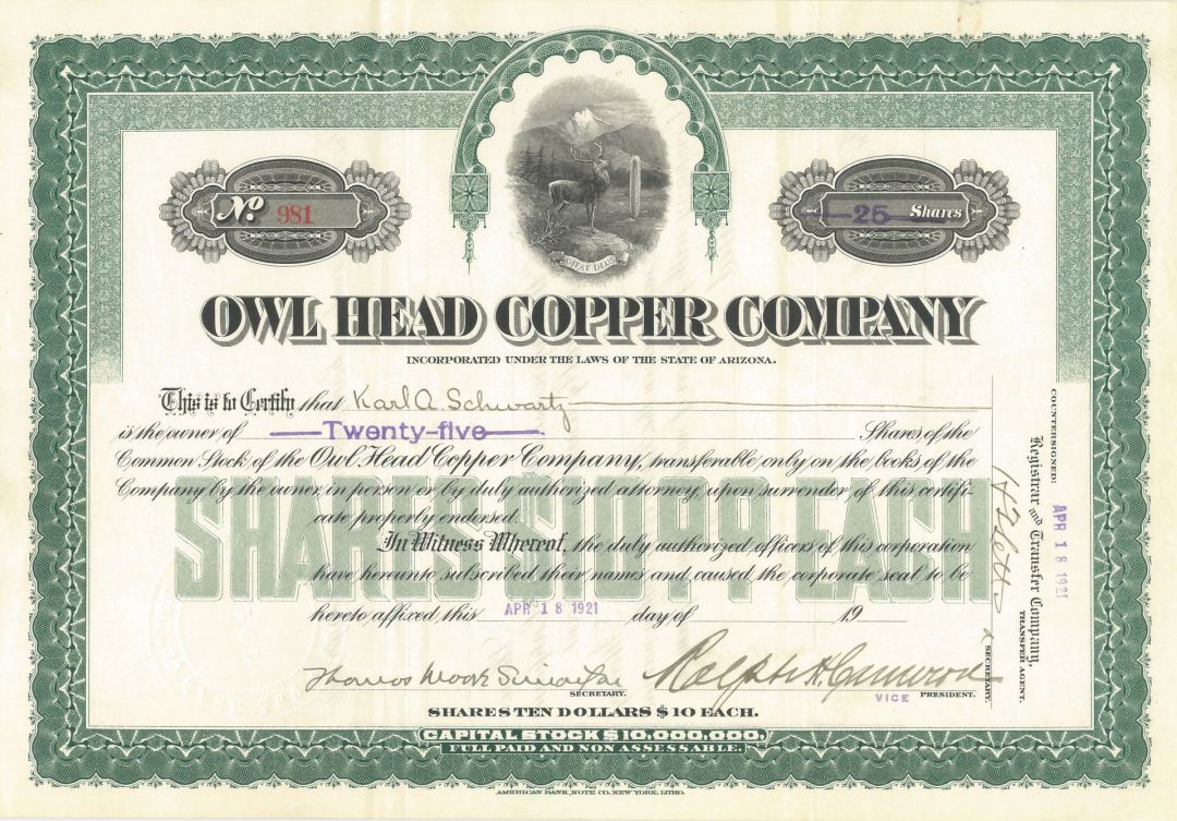 Owl Head Copper Co. - 1921 dated Arizona Mining Stock Certificate