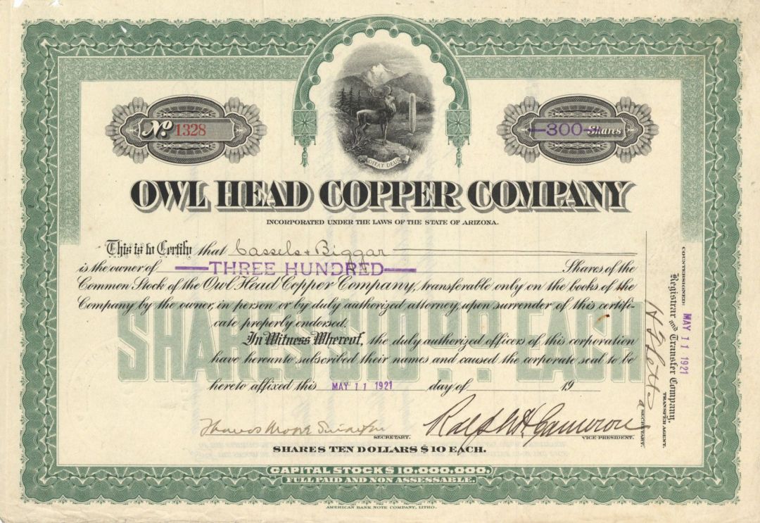 Owl Head Copper Co. - Stock Certificate