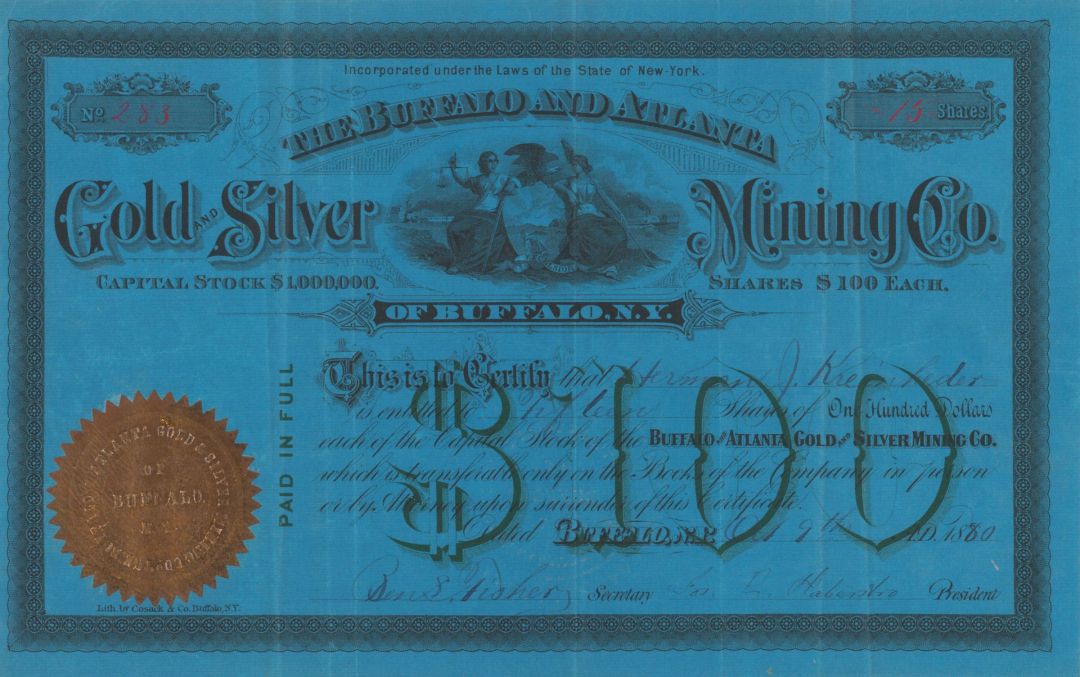 Buffalo and Atlanta Gold and Silver Mining Co. - Stock Certificate