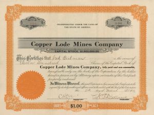 Copper Lode Mines Co. - Stock Certificate